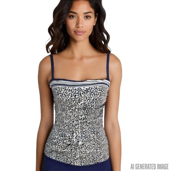 La Blanca Navy White Dotted Convertible Tankini Swim Top Size 10 Tummy Control - Picture 1 of 7